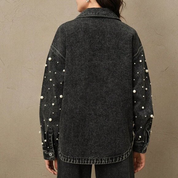 Black Casual Women's Long Cardigan Denim Shirt Blouse w/Pearls And Rhinestones - Picture 2 of 7